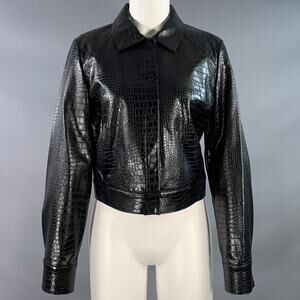 CALVIN KLEIN Size 8 Black Faux Leather Croc Embossed Snaps Jacket